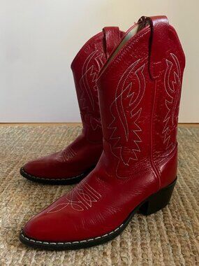 Old West Red Leather Cowboy Boots Youth Kids Girls Size 2 D Pointed J Toe 8116